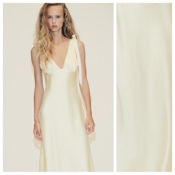 NWT Zara Light Yellow  Satin Effect Midi Dress with Bows. Size S. - Picture 2 of 10